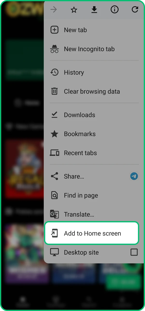 Click the «add to home screen» button and wait until the Ozwin online casino application is installed on your phone.