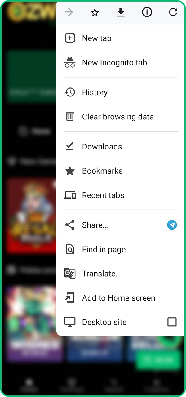 To install the Ozwin online casino application on your Android phone, you need to open the browser menu.