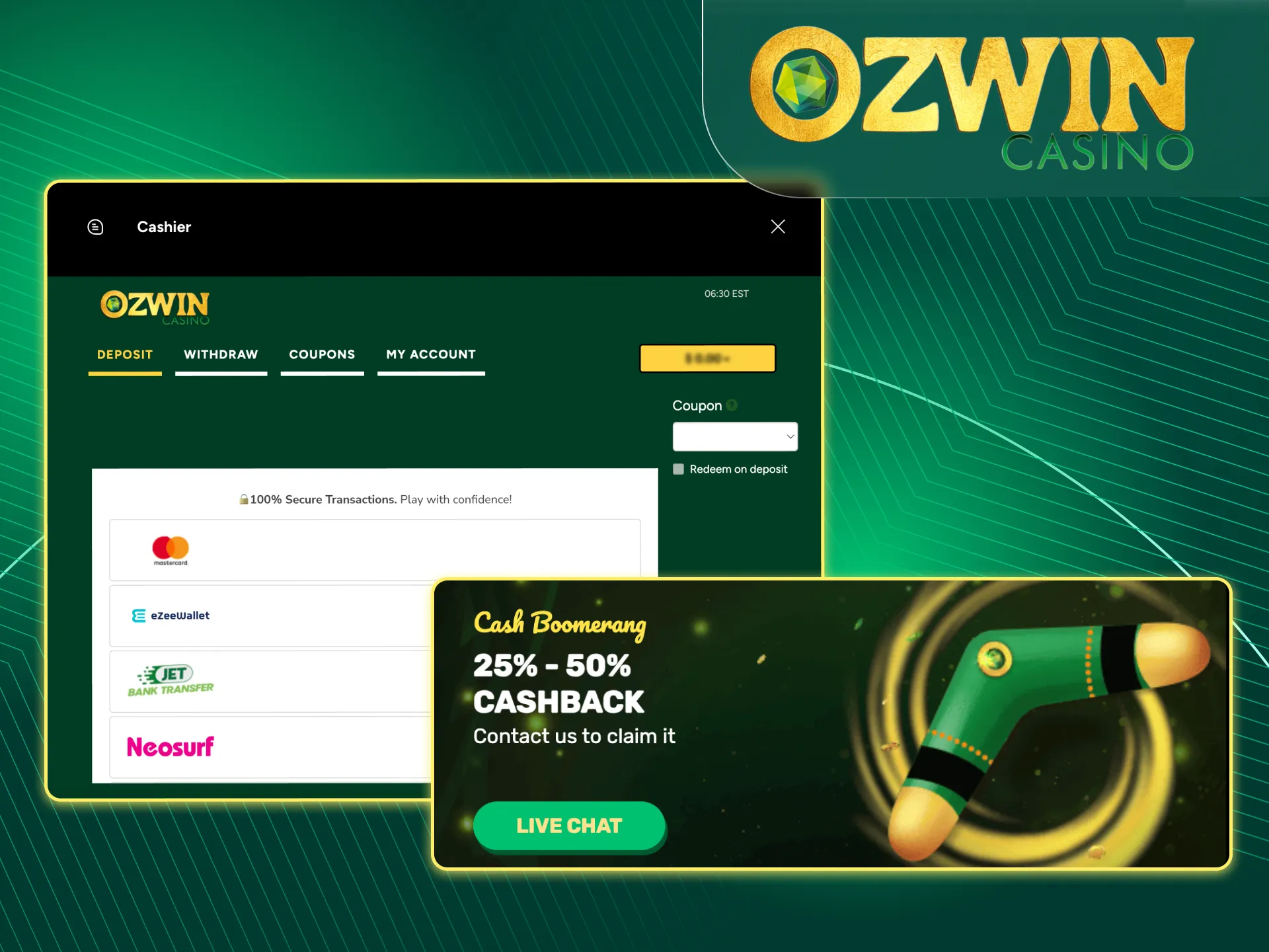Get cashback from your bets at Ozwin online casino.