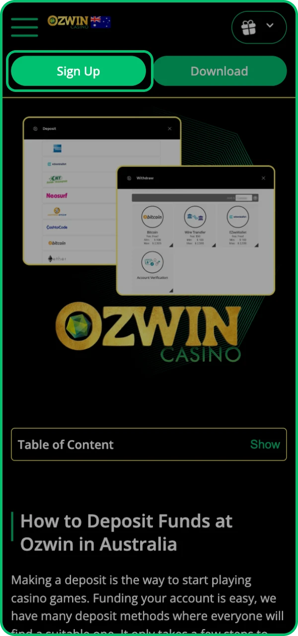 Withdraw your winnings in a couple of steps at Ozwin online casino.