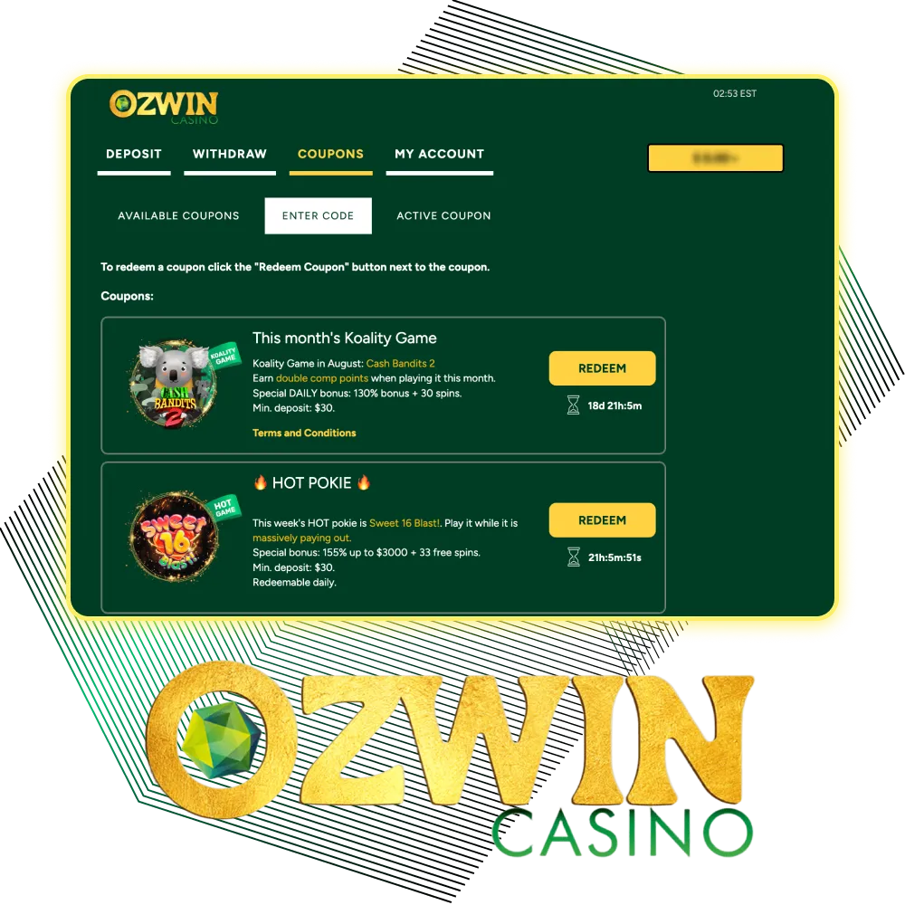 Activate the promo code on the Ozwin online casino website and get a bonus.