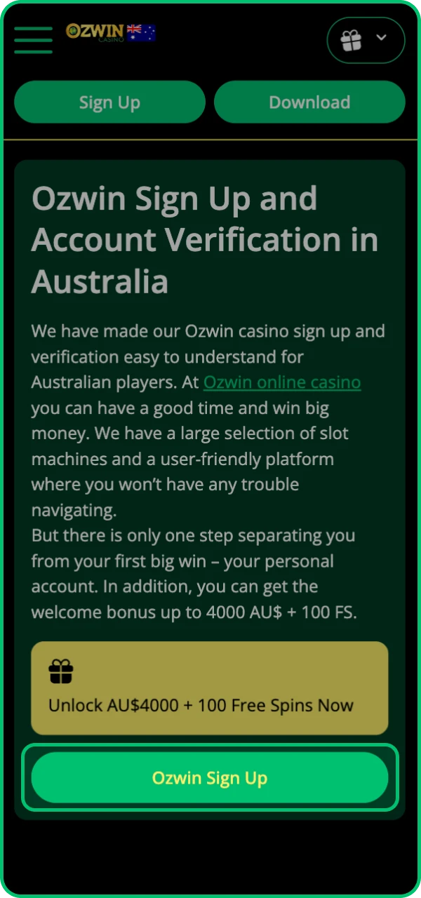 Go to the official website of the Ozwin online casino and create a new account.